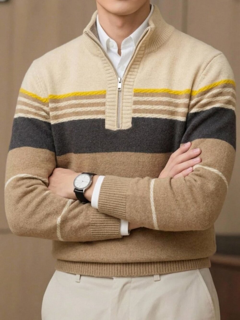 Apricot Men's Striped Regular Fit Stand Collar Zip-Up Rib-Knit Sweater